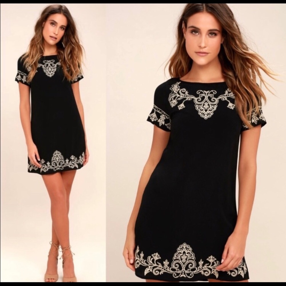 Lulus Embroidered Shift Dress Black Short Sleeve L